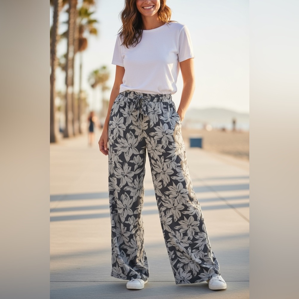 Classic Concepts Tropical Wide Leg Pants Elastic Waist Pockets